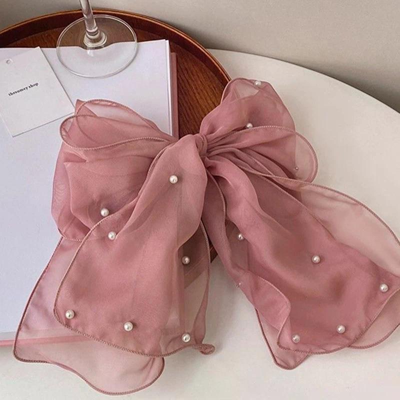 Fashion Ribbon Pearl Bow Hair Clips For Women Elegant Chiffon Bowknot Ponytail Clip Pin Bows Barrette Sweet Headwear Accessories