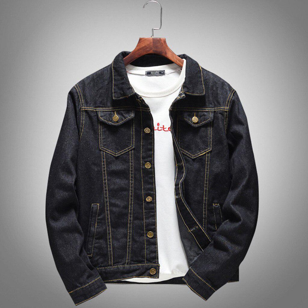 Denim Jacket Men Autumn Winter Casual Long Sleeve Turn-down Collar Solid Denim Jacket Streetwear Coat Bomber