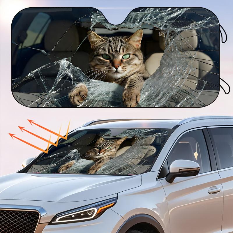 1Pcs Fun Cat Pattern Windshield Sunshade UV Rays Heat Blocker Keeps Vehicle Cool Unique Design Fit Sedans SUVs Trucks RVs