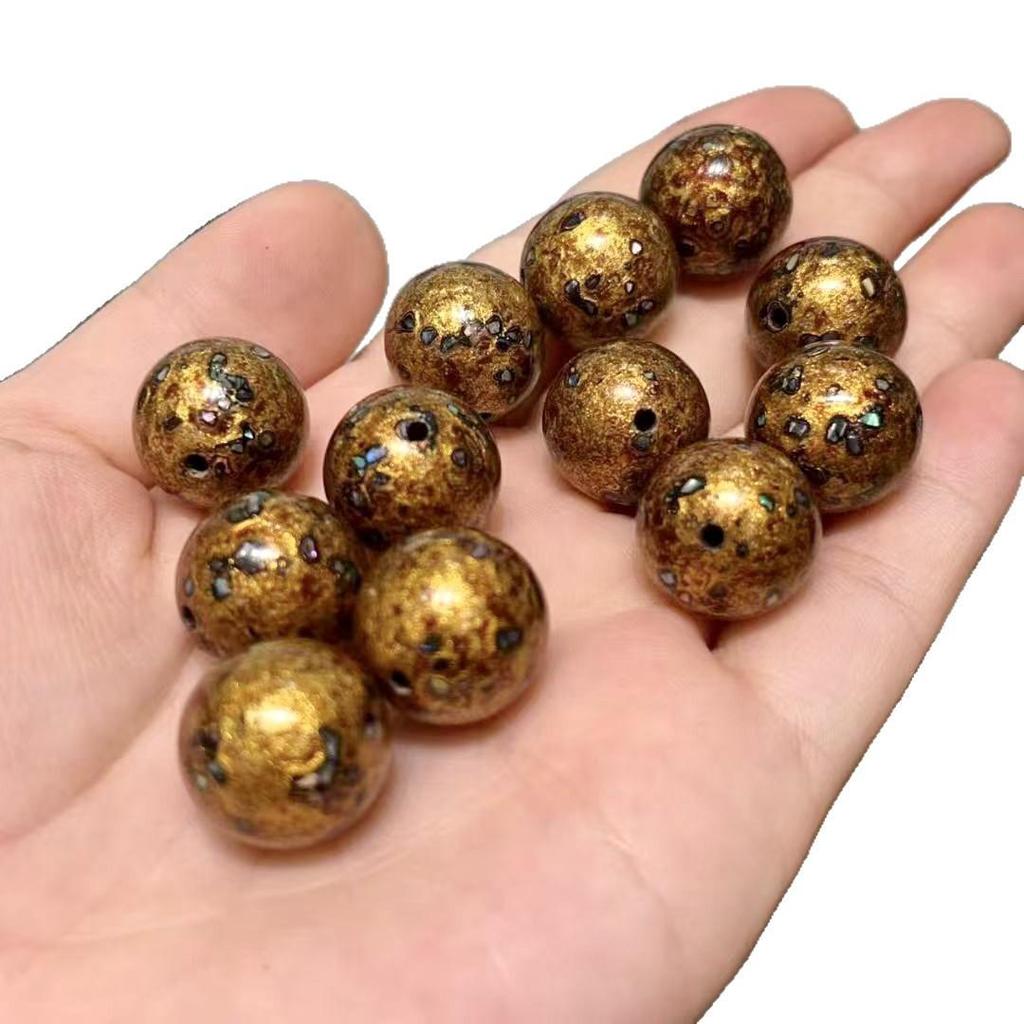 Genuine Flawless Intangible Cultural Heritage Golden Yellow Mother-of-Pearl Inlaid Lacquer Buddhist Bracelet Beads.