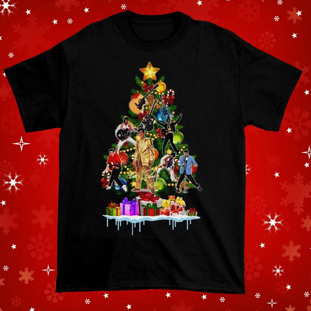 Elvis Presley Christmas Tree Shirt Short Sleeve Black Unisex S-5XL 1C200