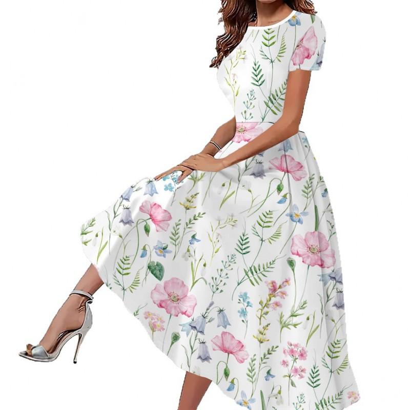 Womens Loose Fit Cotton Print Short Sleeve Round Neck Midi Dress Casual Wear