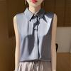 Women White Satin Lapel Sleeveless Button Down Shirt