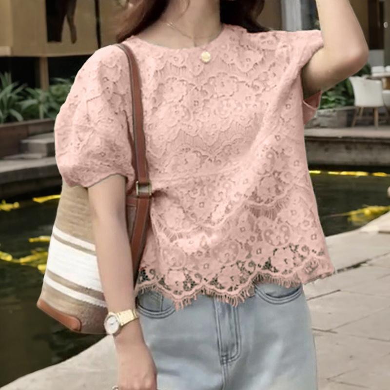 ZANZEA Women Casual Round Neck Short Sleeve Summer Lace Blouse
