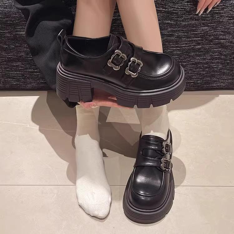 2025 spring new thick heel platform small leather shoes women's French heightening loafers Mary Jane retro single shoes