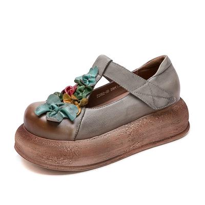 GKTINOO Zapatos Retro de Punta Redonda con Suela Gruesa para Primavera y Verano 2025 Nuevos Zapatos Planos de Plataforma con Flores de Cuero Genuino para Mujer