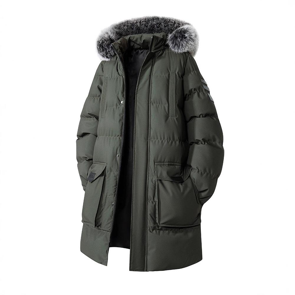 Large Size Medium-length Cotton Jacket Men's Winter Removable Hooded Cotton Jacket Thickened Large Hair Collar Cotton Jacket Coat Solid Color