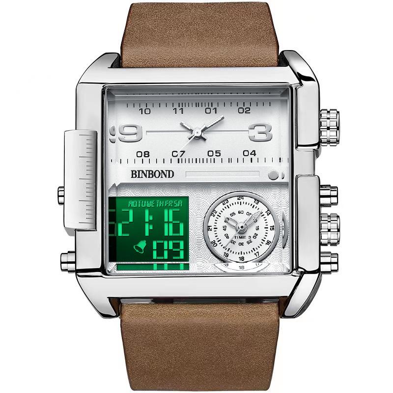 Binbang Fashion Men's Domineering Quartz Watch with Large Square Dial and Triple Display