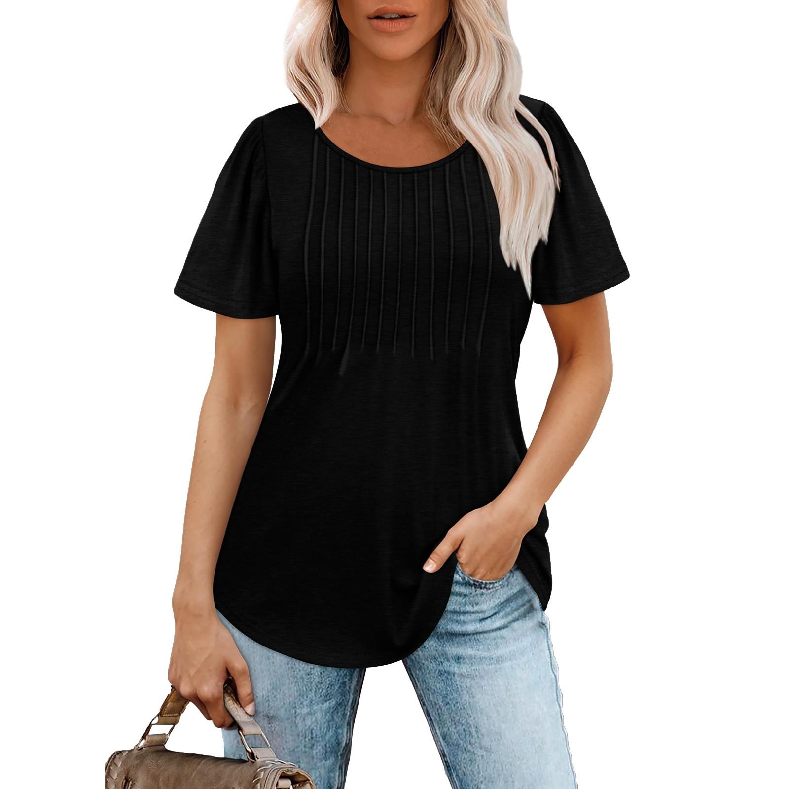 

Women Soild -Neck Cute Tee Short Sleeve Pleated Dressy Casual Scooped Neck T Shirt Tops M чёрный