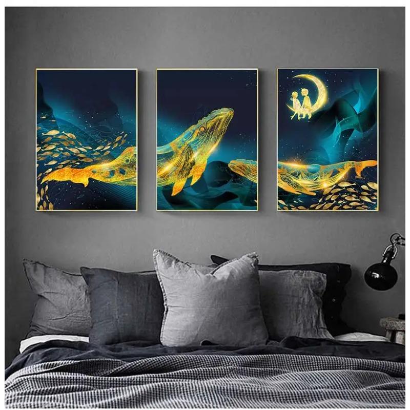 Afiș de pictură artistică cu balenă de aur și mare și poză de imprimare pe perete, terasa, decorare, pânză scandinavă, imprimare artistică cu ridicata