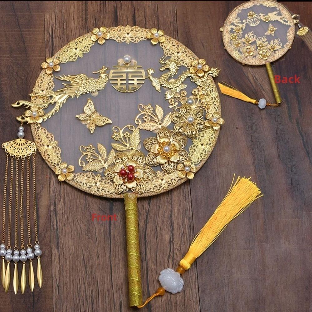 Traditional Chinese Bride Group Fan Flower Pattern Vintage Hanfu Fan Handheld Bridal Wedding Fan