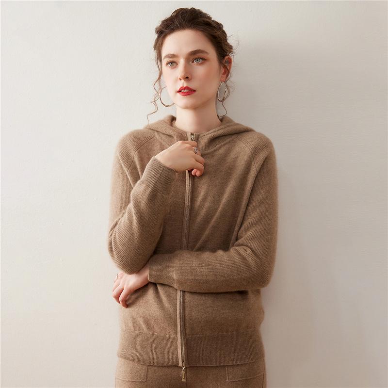 Women's Hooded Double Zipper Cashmere Sweater - Autumn/Winter Solid Color Knit Cardigan, Long Sleeve Casual Commute Style