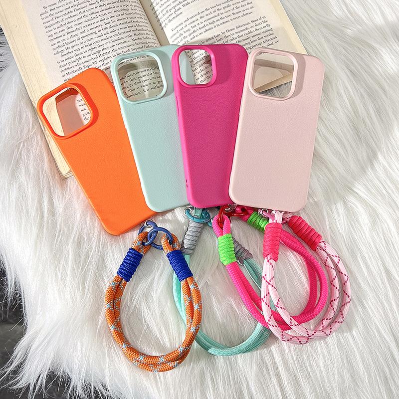 Cute Candy Leather Texture With Wrist Strap Case For iPhone 17 Air 16 15 14 11 12 13 16 Pro Max 16 Plus Solid Color Soft Cover