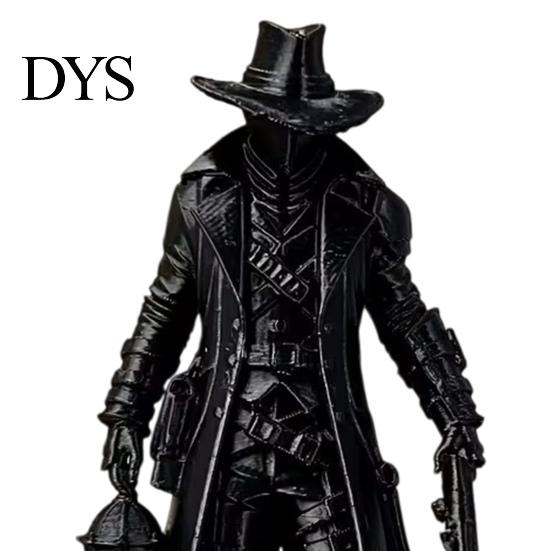 Matte Black Ornament 3D Printed Gothic Lantern Hunter Figurine, Dark Cloaked Man Statue Durable Static Figure with Cape for Halloween, Spooky