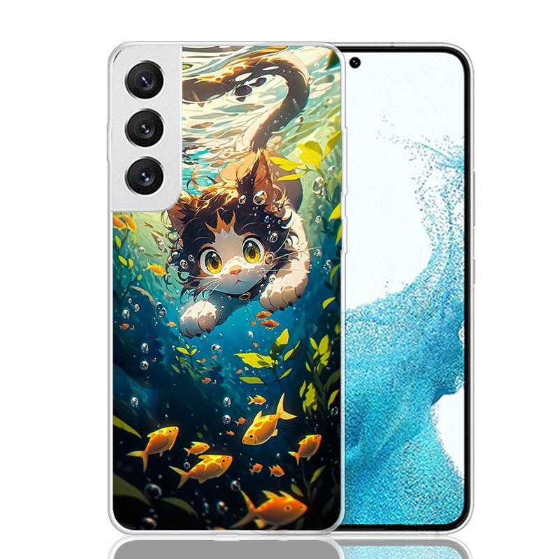Cartoon Cute Cat Fish Aesthetic Phone Case For Samsung Galaxy S26 S25 Edge S24 S23 FE S22 Ultra S21 Plus S20 + Fundas Cover Coqu