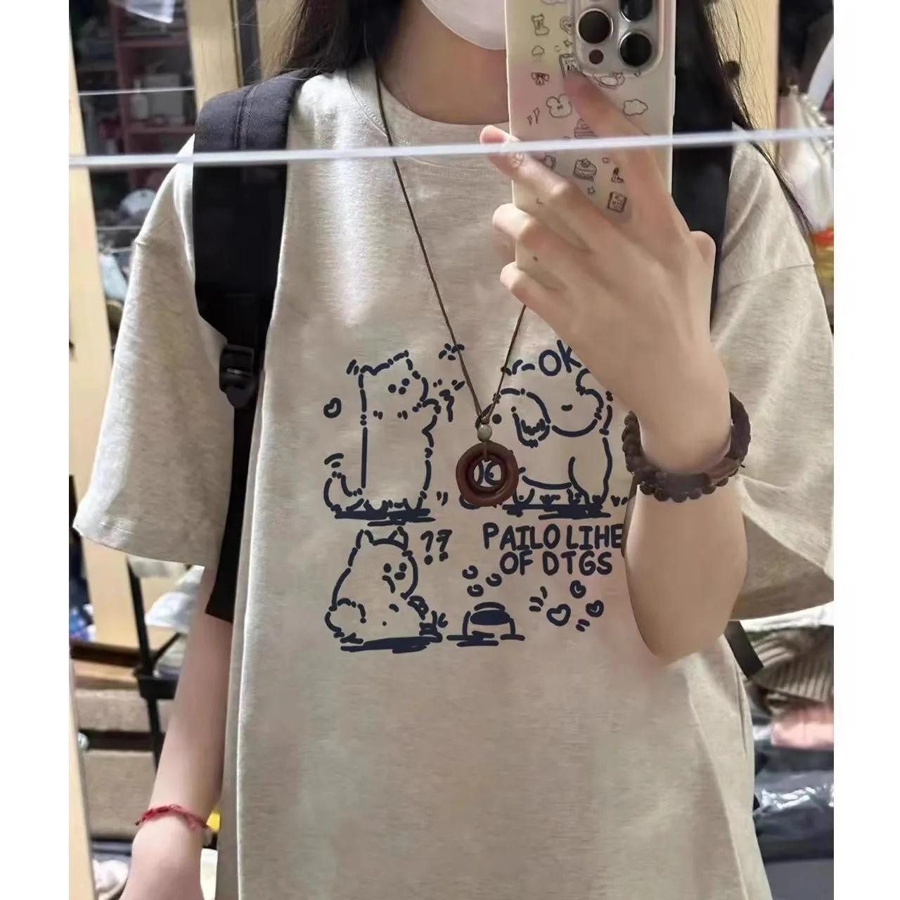 

Женская летняя модная хлопковая футболка с принтом собаки - Свободный крой, Короткий рукав M below 100 lbs