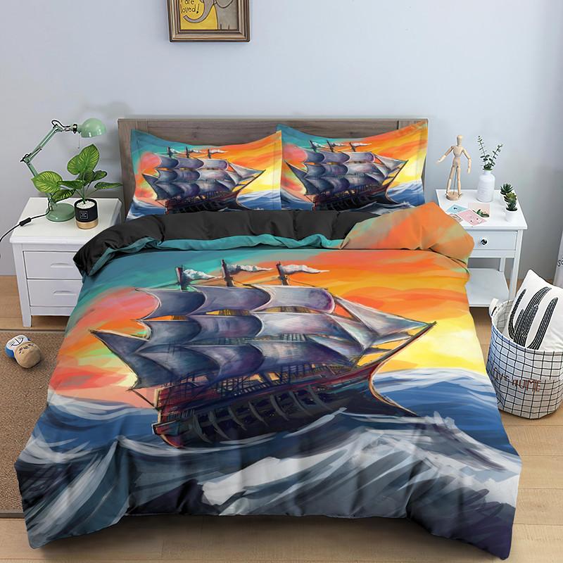 Nautisk Segelbåt Påslakan Queen King Size 3D Oljemålning Båtstil Sängkläder Set Ocean Mjuk 2/3 Delar Polyester Täcke Överdrag