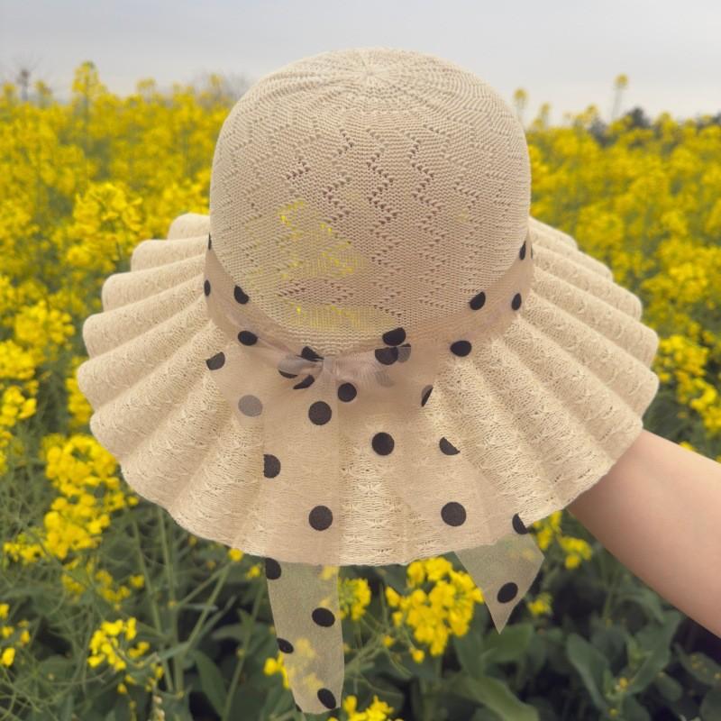 Straw Hat With Polka And Bow Design For Sun Protection Summer Beach Fashion