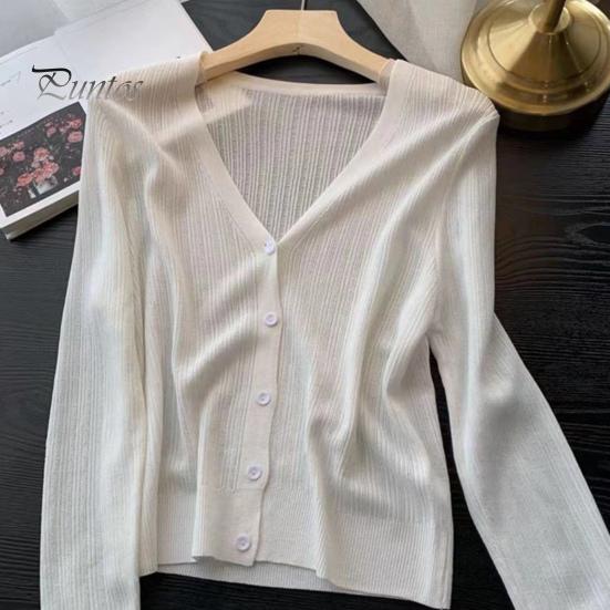 Sun Knit Cardigan for Women Long Sleeve V-Neck Button Up Thin Ice Silk Coat Summer Ribbed Cropped Top for Outdoor Travel Work Beach