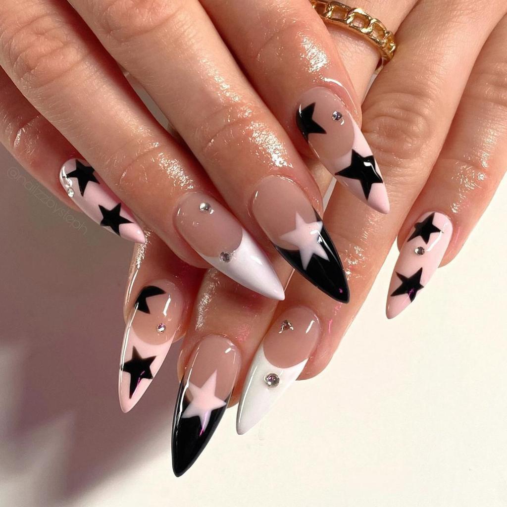 24 Stück Y2K Bunte Feuerwerk Falsche Nägel Mandel mit Herz Smiley Gesicht Fake Nails Süß Cool Stil Abnehmbare Press-On Nägel