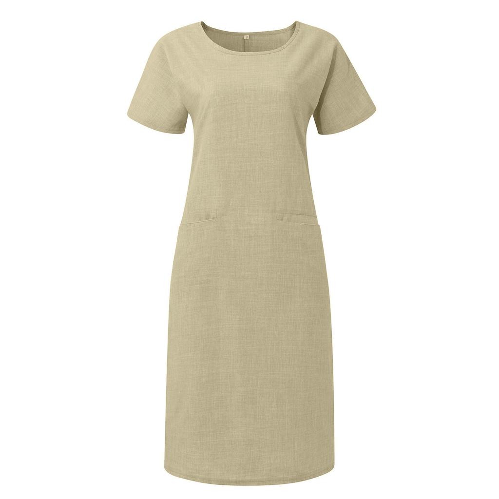 Women's Casual Color Stitching Short Sleeve Round Neck Large Swing Loose Pocket Cotton And Linen Dress