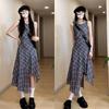 Women's Summer Plaid Vest Dress - American Street Style, Niche Design, Mid-Length Irregular Skirt
