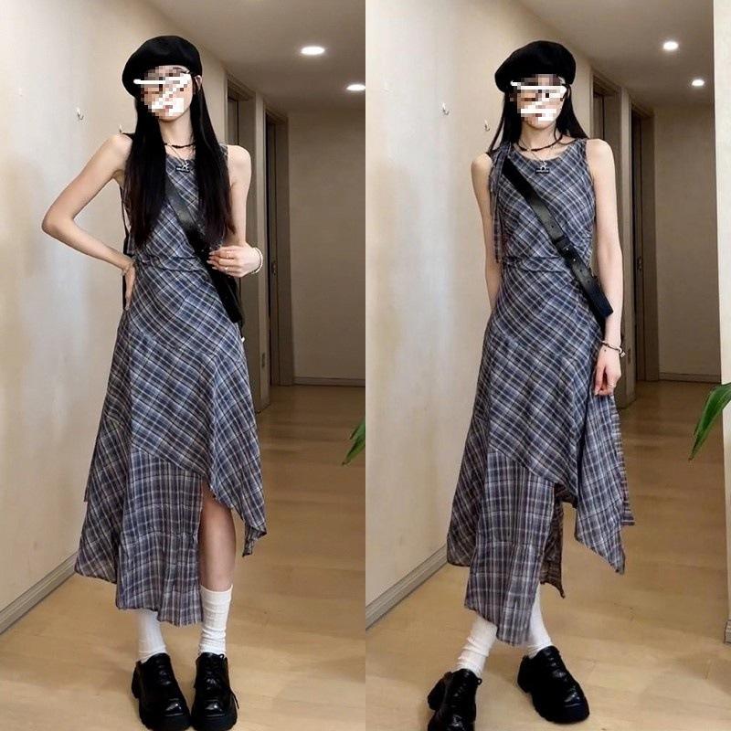 Women's Summer Plaid Vest Dress - American Street Style, Niche Design, Mid-Length Irregular Skirt