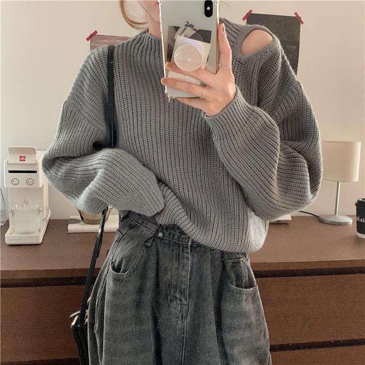 

Off Shoulder Sweater for Women Loose Solid Color Round Neck Versatile Knit Sweater S серый