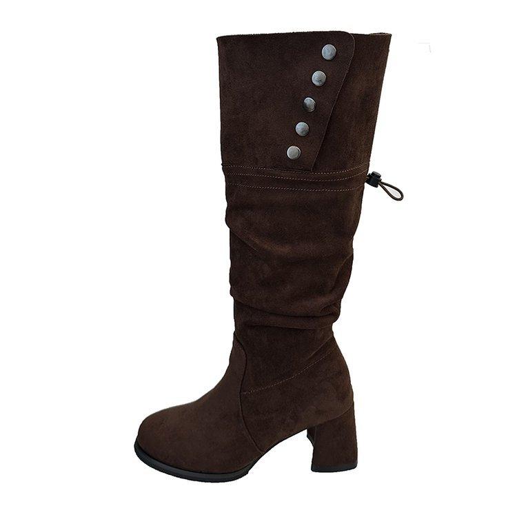 Suede Vintage Two Wear Fold High Heel Pile Boots Long Boots Thick Heel Brown Maillard Western Knight Boots
