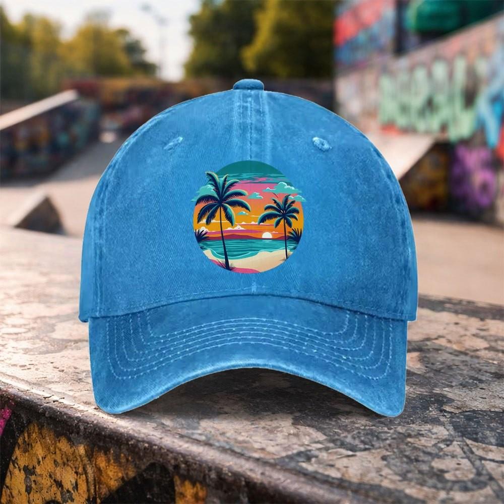 Tropical Sunset Palm Tree Baseball Cap Distressed Washed Cotton Adjustable Outdoor Beach Cap