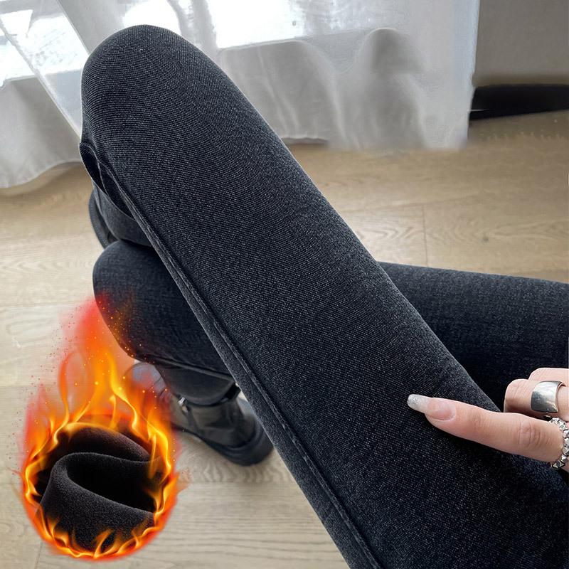 High Waist Plus Size Fleece-Lined Denim Leggings for Women - Spring/Autumn Slimming Elastic Skinny Pants