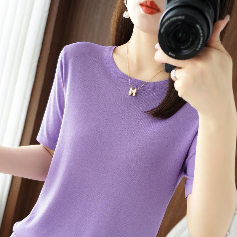 

Трикотажная футболка с круглым вырезом из ледяного шелка, с короткими рукавами, летняя, свободного кроя, с рукавами до локтя, тонкая, однотонная, универсальная, с темпераментным верхом XXL