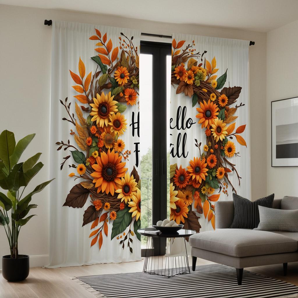 2 Stück HD Erntedank Sonnenblumen Rattan Girlande Vorhang Grün Gelb Krawatte Digital bedruckter Vorhang Heimdekoration Stil Dekorieren