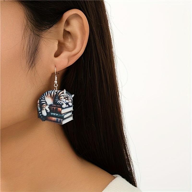 New School Season Graduation Season Cat Book Pendant Wooden Double Sided Earrings Back to School Teachers' Day Gift