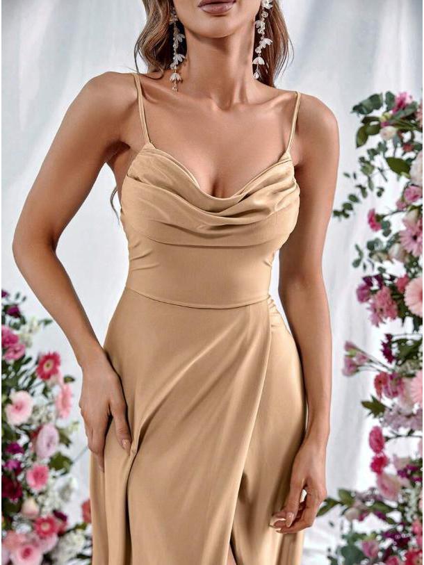 European Spring 2026 Strappy Off-Shoulder Sleeveless Slit Solid Color Elegant Women's Dress