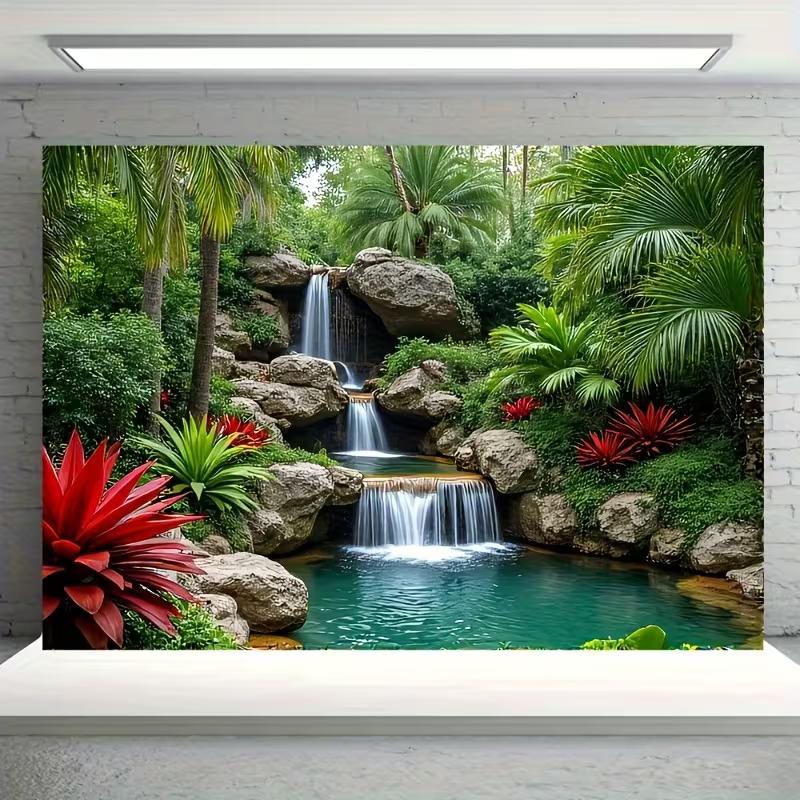 2D Türkisfarbener Pool Wasserfall Wandteppich Tropischer Regenwald Fotografie Hintergrund