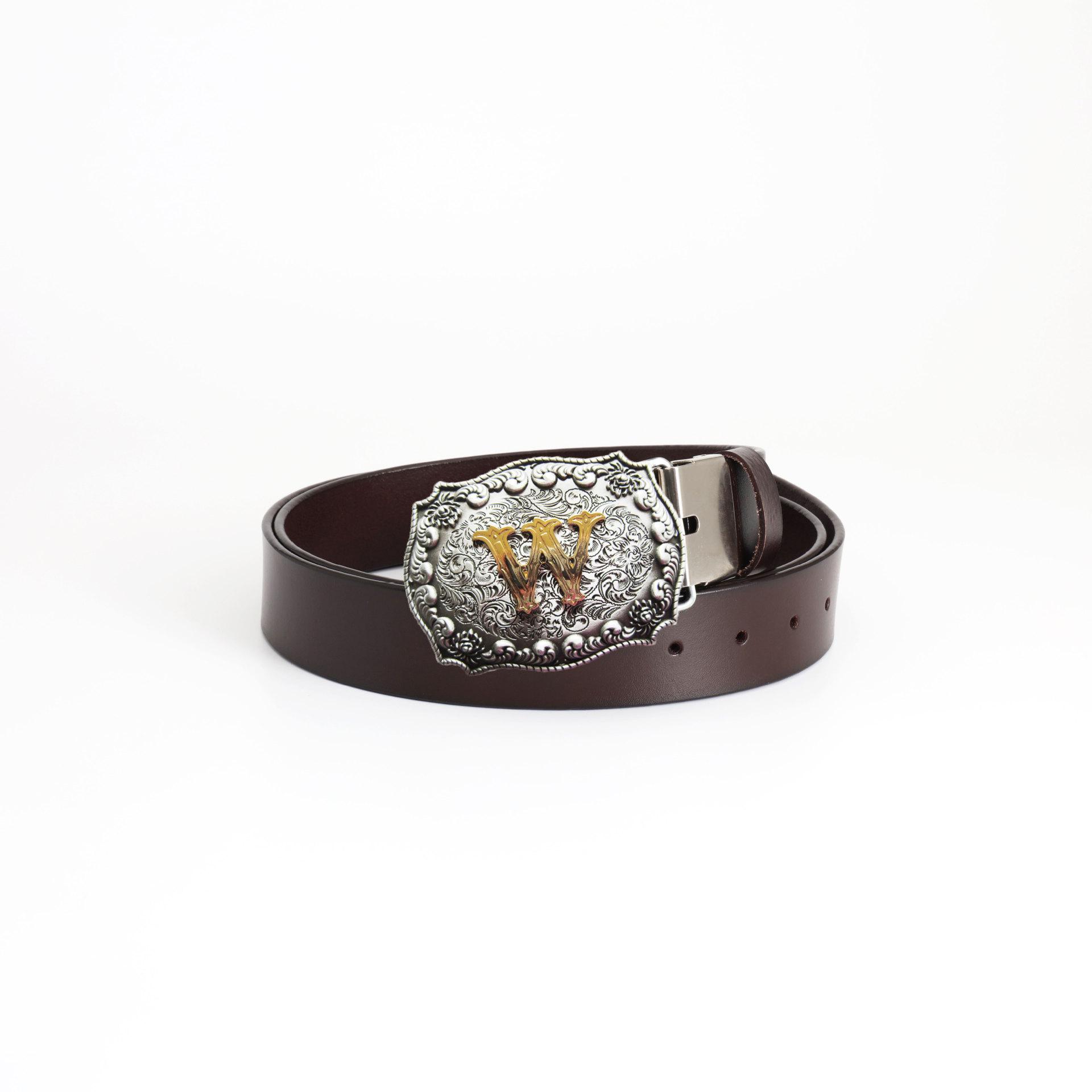 Retro Punk Double Layer Leather Belt with W Buckle – Men s Cowhide Belt for Jeans 100 cm