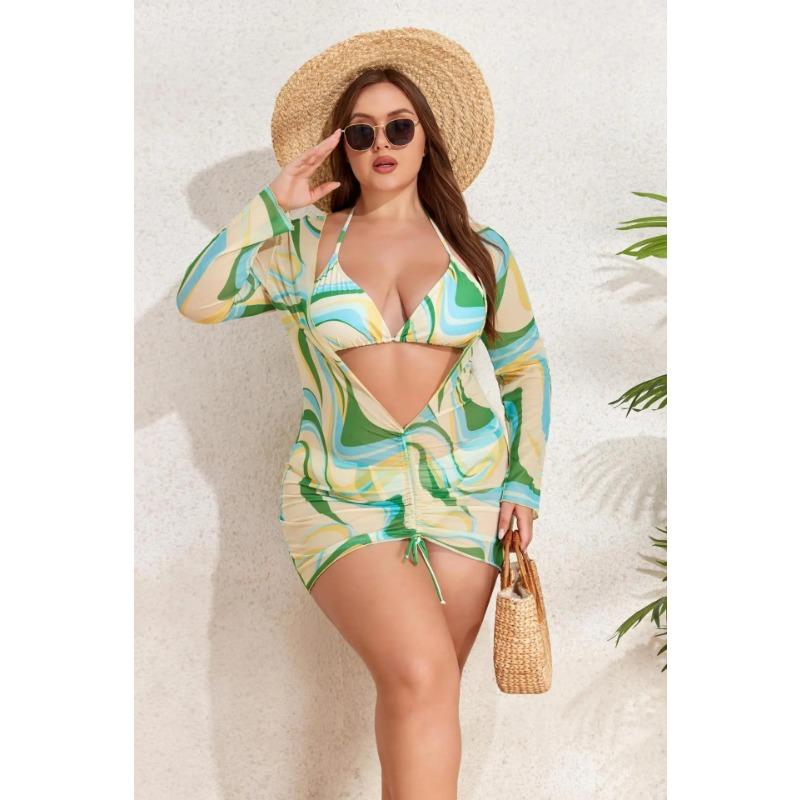 2025 Print 3 Piece Long Sleeve Smock Plus Size Push Up Bikini Women High Waist Big Swimsuit Beach Chubby Bathing Suit