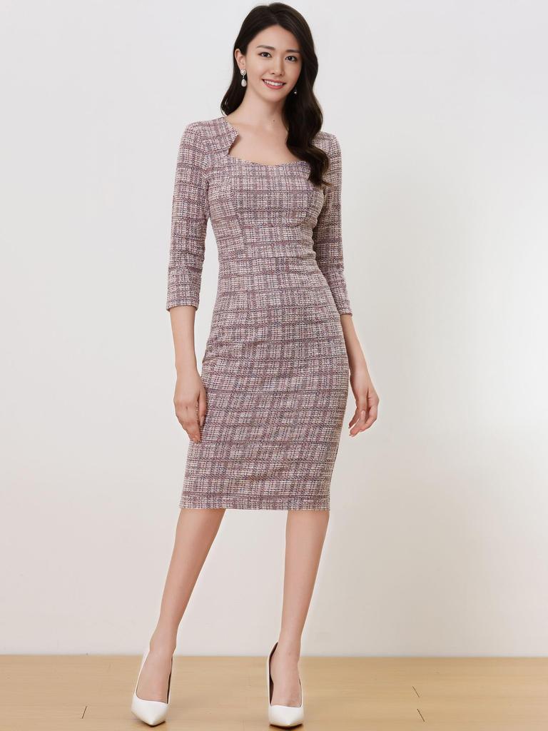 Allegra K Women's Checked Tweed Bodycon Dress, 3/4 Sleeves, Elegant Work Dress, Pink, Size S