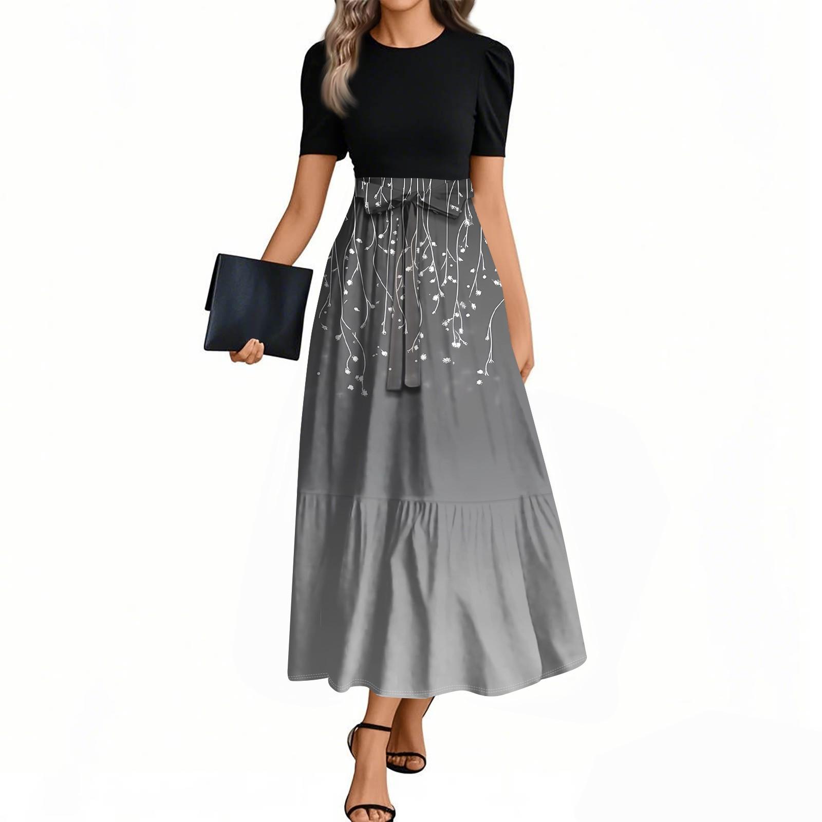 

Женские модные повседневные платья с поясом, коротким рукавом, круглым вырезом, геометрическим узором, элегантные платья с темпераментом XXL