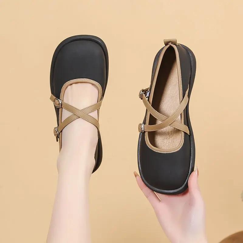 Fashion Kawaii Round Toe Woman Flats Loafers Low Heel Elegant Cute Summer 2025 with Discount Trend Casual Genuine Mark Shoes for Women