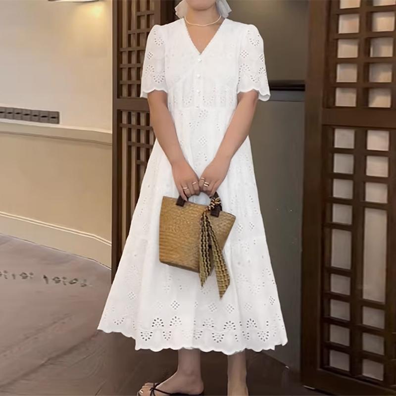 ZANZEA Women Elegant Crochet Patchwork Casual V-neck Short Sleeve Dress M белый