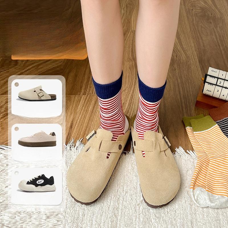 Women's Spring and Summer Striped Thickened Warm Mid-calf Socks, Trendy and Versatile Pile Socks, Anti-odor Cotton Socks
