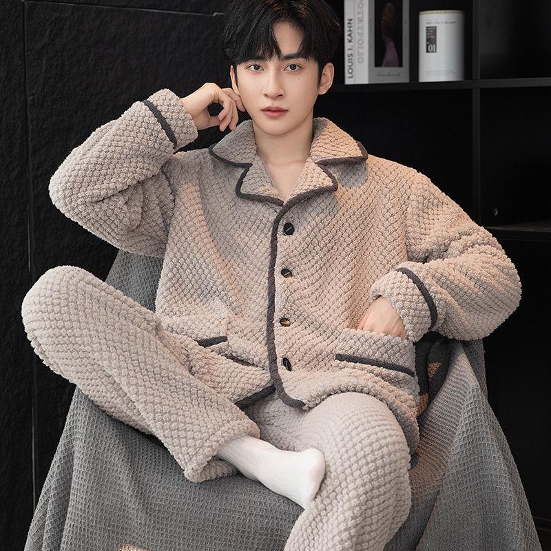 Men's Plus Size Flannel Fleece Home Wear Set - Thickened for Autumn and Winter