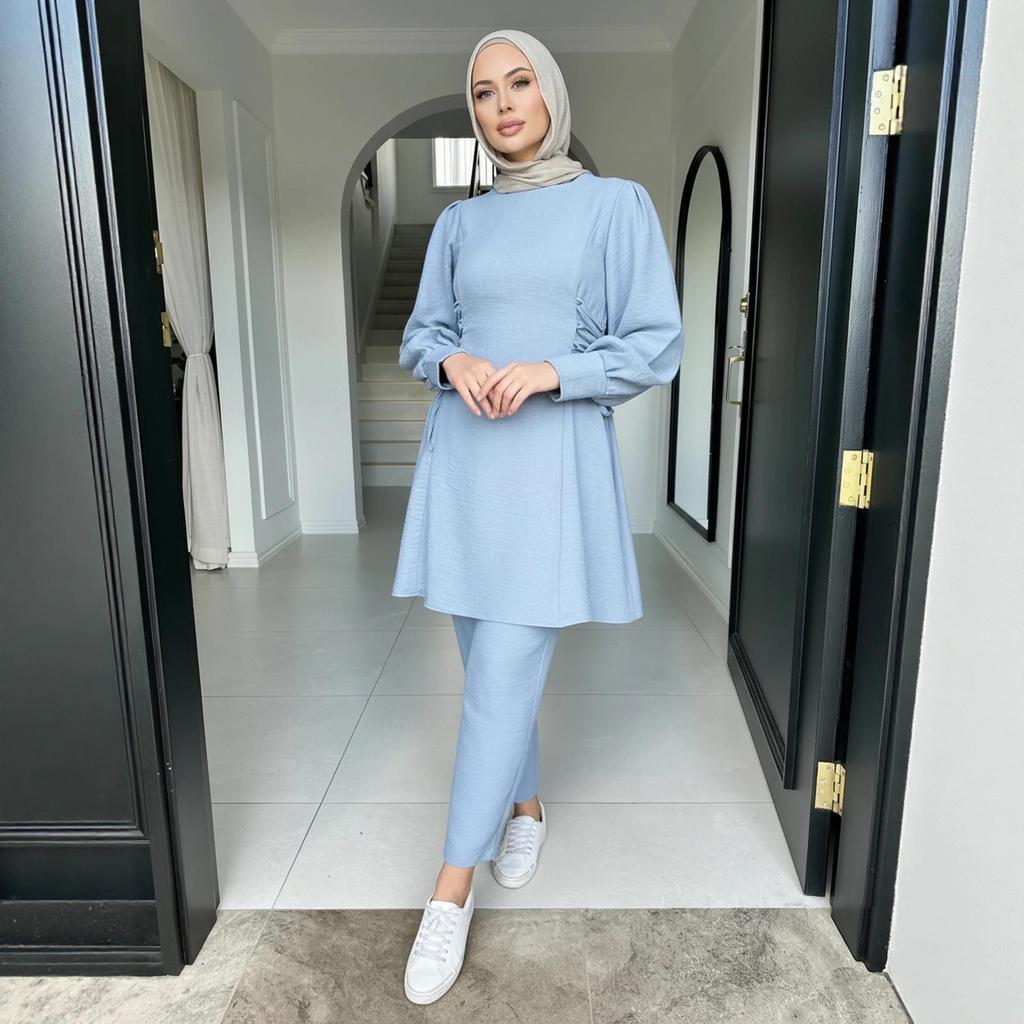 Women's Solid Color Two-Piece Set: Fashionable Top & Pants for Middle Eastern Style