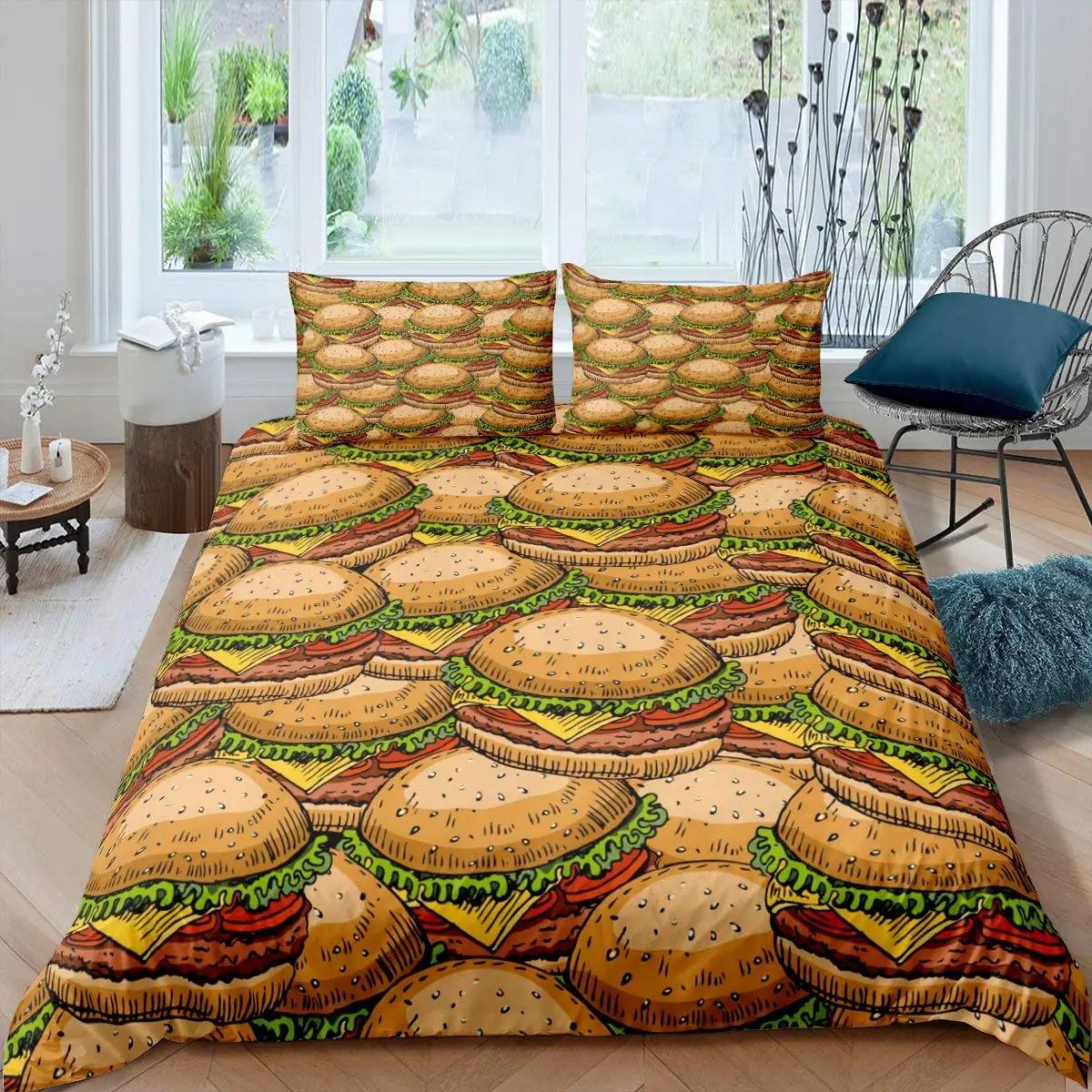 

Hamburger Duvet Cover Meat Cheese Fast Food Theme Cartoon Hamburg Pattern Quilt Cover Bedroom Decoration for Children Boys Girls 70x133cm 2pcs