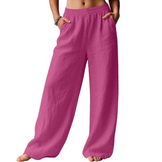 Damen Hose Hohe Taille Gerade Weiter Bein Lange Hose mit Elastischem Bund Tiefe Taschen Knitterarm Casual Hose