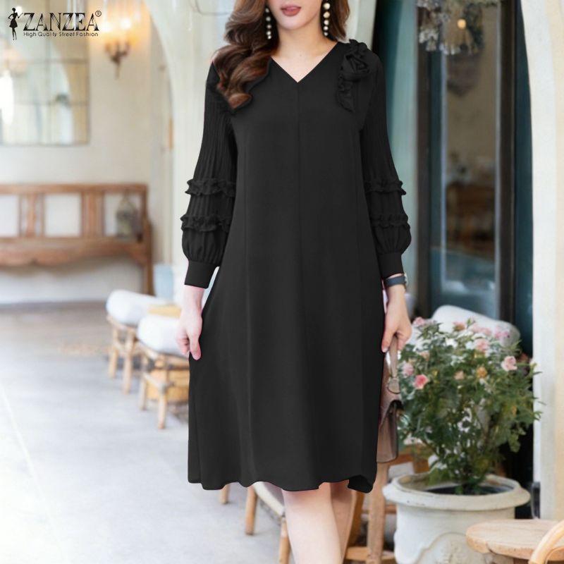 ZANZEA Women Casual V-Neck Loose 3/4 Sleeve 3D Flowers Splice Dress