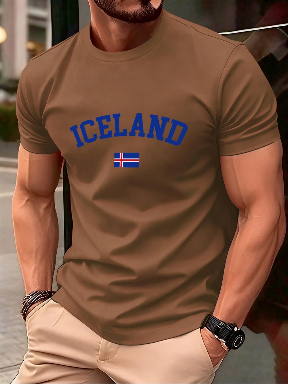 Iceland Text With Flag Printing Men TShirt Cotton Summer ONeck Short Sleeve Tops Soft Oversized T Shirt Casual Male Clothes S
