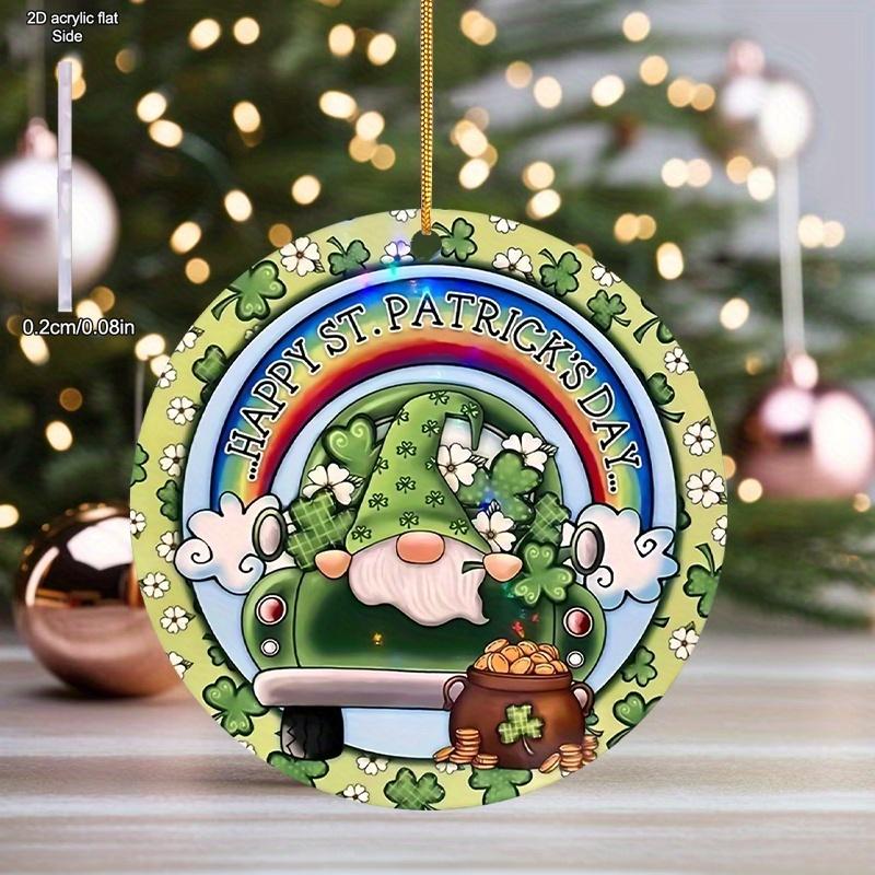 2D Flat Acrylic Ornamen Sign, Adorable Gnome with Shamrock & "Kiss Me I'm Irish" Sign, St. Patrick's Day Acrylic Hanging Ornament - Vibrant Green